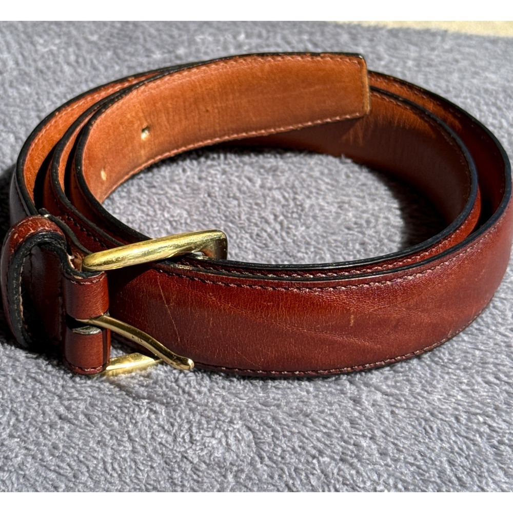 Mens Cognac Leather Belt with Solid Brass Buckle Brown Classic Dress Belt 34/35